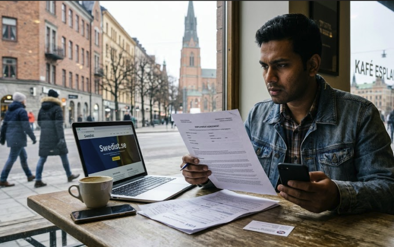An expat verifying a Swedish employment contract on a laptop inside a Stockholm café.