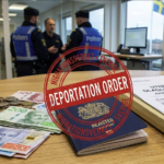 Official Migrationsverket passport stamped with deportation order next to Swedish Krona and fine documents, illustrating the severe consequences and fines for illegal work in Sweden