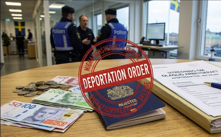 Official Migrationsverket passport stamped with deportation order next to Swedish Krona and fine documents, illustrating the severe consequences and fines for illegal work in Sweden