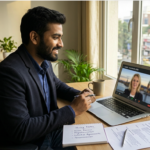 An international candidate participating in a remote video interview with a Swedish employer to get a job offer from abroad.