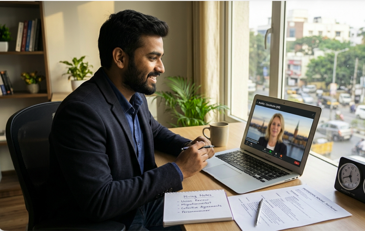 An international candidate participating in a remote video interview with a Swedish employer to get a job offer from abroad.