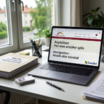 Laptop displaying official Swedish Migration Agency Migrationsverket portal for self application - Swedist