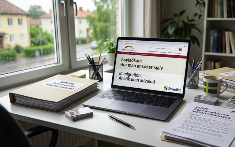 Laptop displaying official Swedish Migration Agency Migrationsverket portal for self application - Swedist