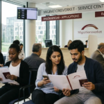 Applicants reviewing application documents inside a Migrationsverket service center office in Stockholm, Sweden.