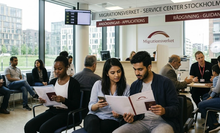 Applicants reviewing application documents inside a Migrationsverket service center office in Stockholm, Sweden.