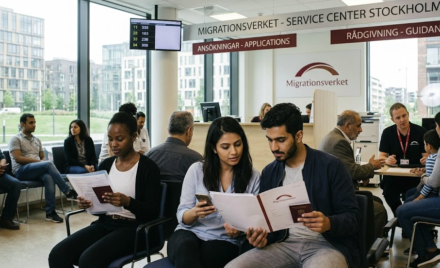 Applicants reviewing application documents inside a Migrationsverket service center office in Stockholm, Sweden.