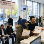 An officer at the Migrationsverket counter assists applicants, illustrating the regularization of immigrants in Sweden.