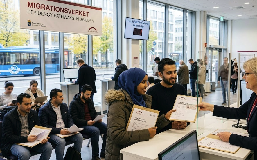 An officer at the Migrationsverket counter assists applicants, illustrating the regularization of immigrants in Sweden.