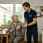 A male personal assistant smiling and helping an elderly woman in a modern Stockholm kitchen, representing healthcare jobs in Sweden.