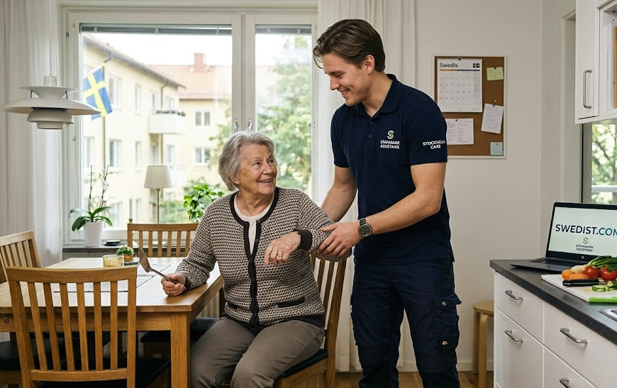 A male personal assistant smiling and helping an elderly woman in a modern Stockholm kitchen, representing healthcare jobs in Sweden.