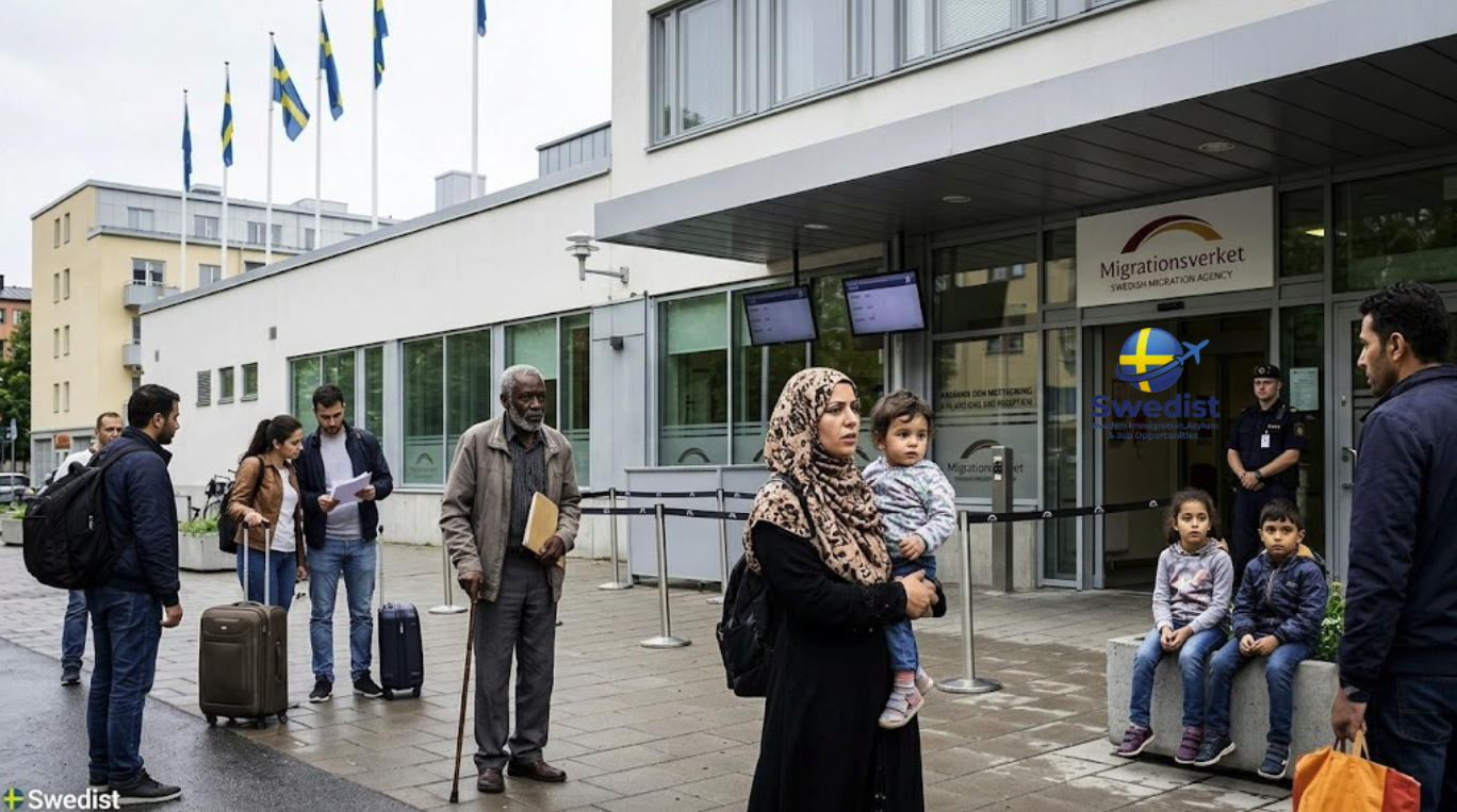 An editorial photo documenting the recent Sweden asylum system changes outside the Swedish Migration Agency building.