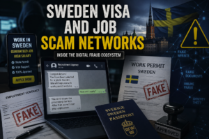 Sweden visa and job scam networks investigation showing fake work permits, fraudulent job offers, and online recruitment fraud targeting migrants
