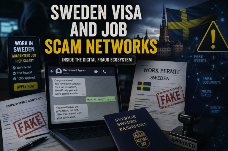 Sweden visa and job scam networks investigation showing fake work permits, fraudulent job offers, and online recruitment fraud targeting migrants