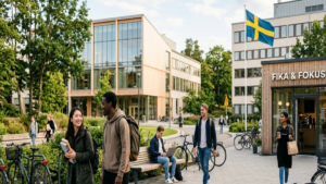 International students studying and working at a university campus in Sweden under the country's updated student visa regulations.