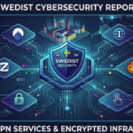 A futuristic cybersecurity infographic layout on a premium dark blue background with a central digital security shield, ideal for a best vpn services guide.