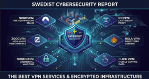 A futuristic cybersecurity infographic layout on a premium dark blue background with a central digital security shield, ideal for a best vpn services guide.