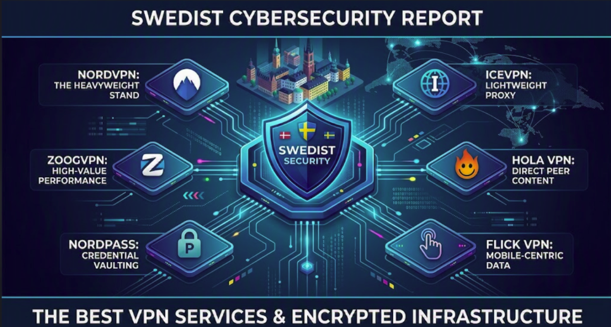 A futuristic cybersecurity infographic layout on a premium dark blue background with a central digital security shield, ideal for a best vpn services guide.