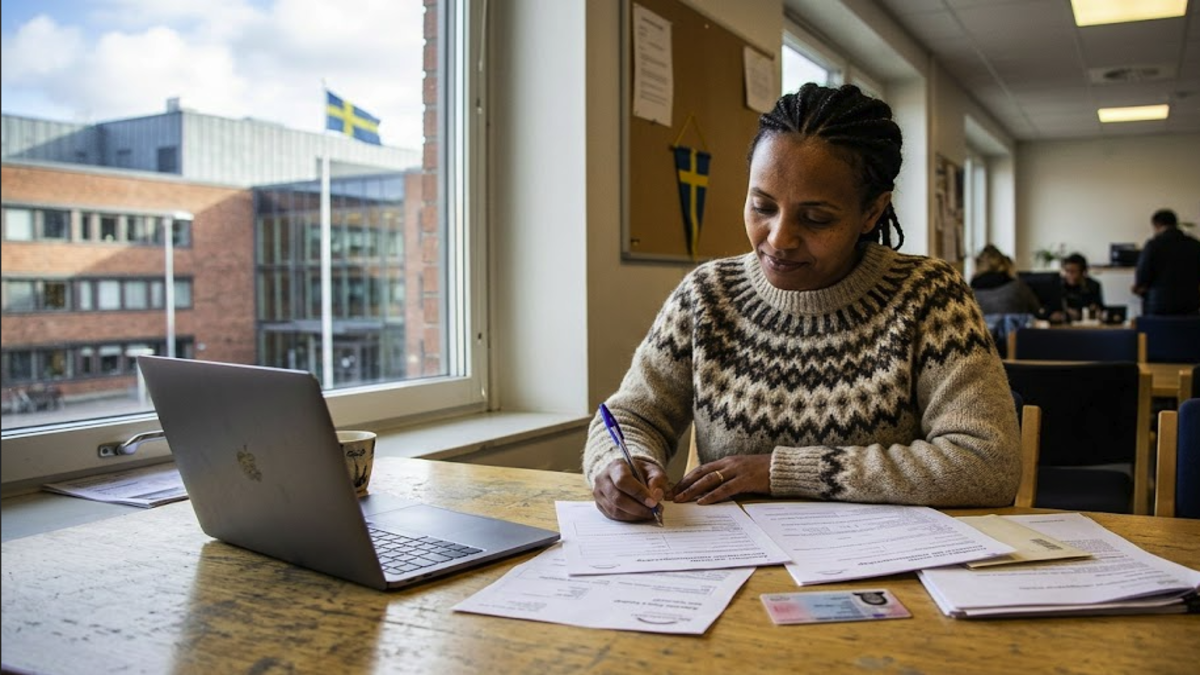 Person preparing a Swedish citizenship application with official documents