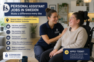 Personal assistant supporting a client in Sweden, representing Särnmark Assistans recruitment for full-time, part-time and hourly personal assistant jobs in Stockholm County.