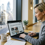 Creative strategist Sara Lundgren working on her Contra digital portfolio in a bright co-working space, featuring a Swedist branded coffee mug.