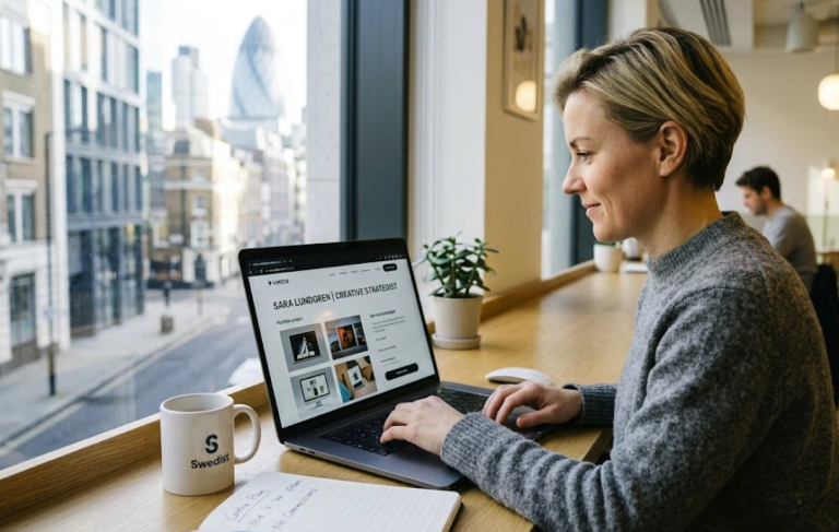 Creative strategist Sara Lundgren working on her Contra digital portfolio in a bright co-working space, featuring a Swedist branded coffee mug.