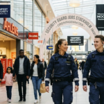 Two professional security guards walking through a modern shopping mall in Stockholm for Tempest Security.