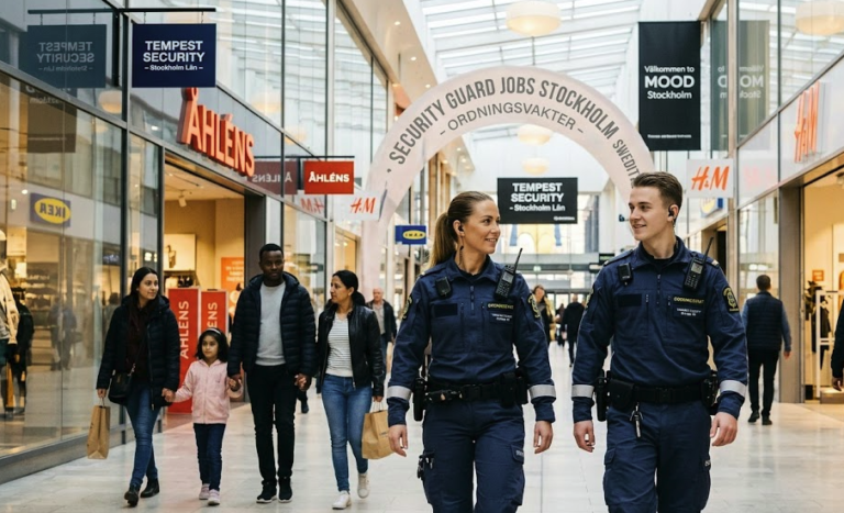 Two professional security guards walking through a modern shopping mall in Stockholm for Tempest Security.
