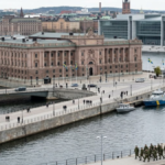 Sweden's position in a changing Europe with Stockholm and European security symbols