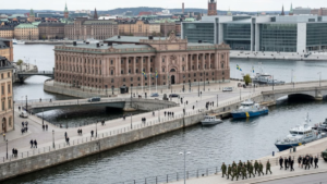 Sweden's position in a changing Europe with Stockholm and European security symbols