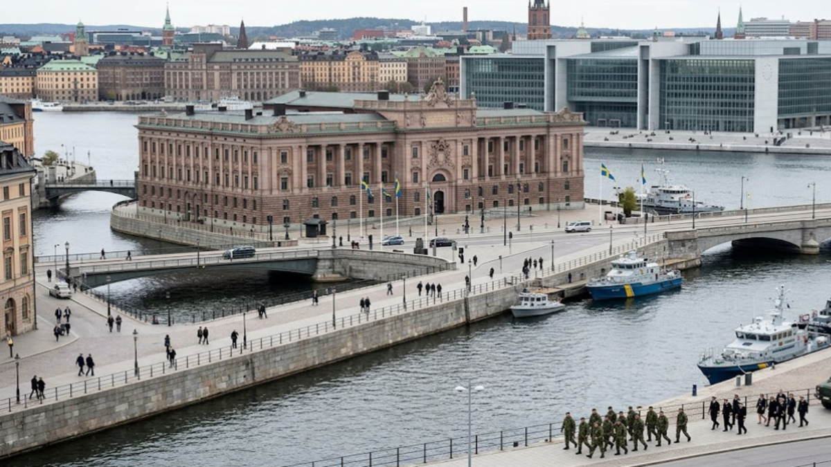 Sweden's position in a changing Europe with Stockholm and European security symbols