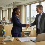 Work contract in Sweden with a job applicant meeting a Swedish employer in a modern office.