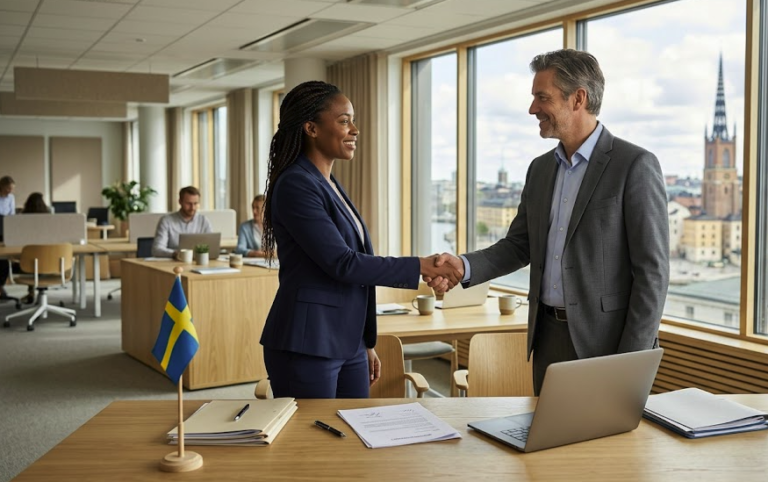 Work contract in Sweden with a job applicant meeting a Swedish employer in a modern office.