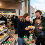 Cost of Living in Sweden as shoppers compare grocery prices in a Stockholm supermarket amid rising household expenses.