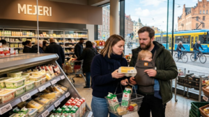 Cost of Living in Sweden as shoppers compare grocery prices in a Stockholm supermarket amid rising household expenses.