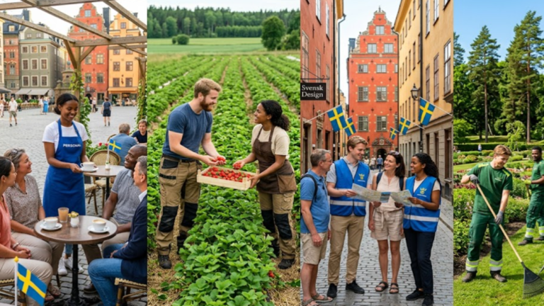 Seasonal workers in Sweden employed in tourism, hospitality, agriculture, and public park services during the seasonal hiring period.