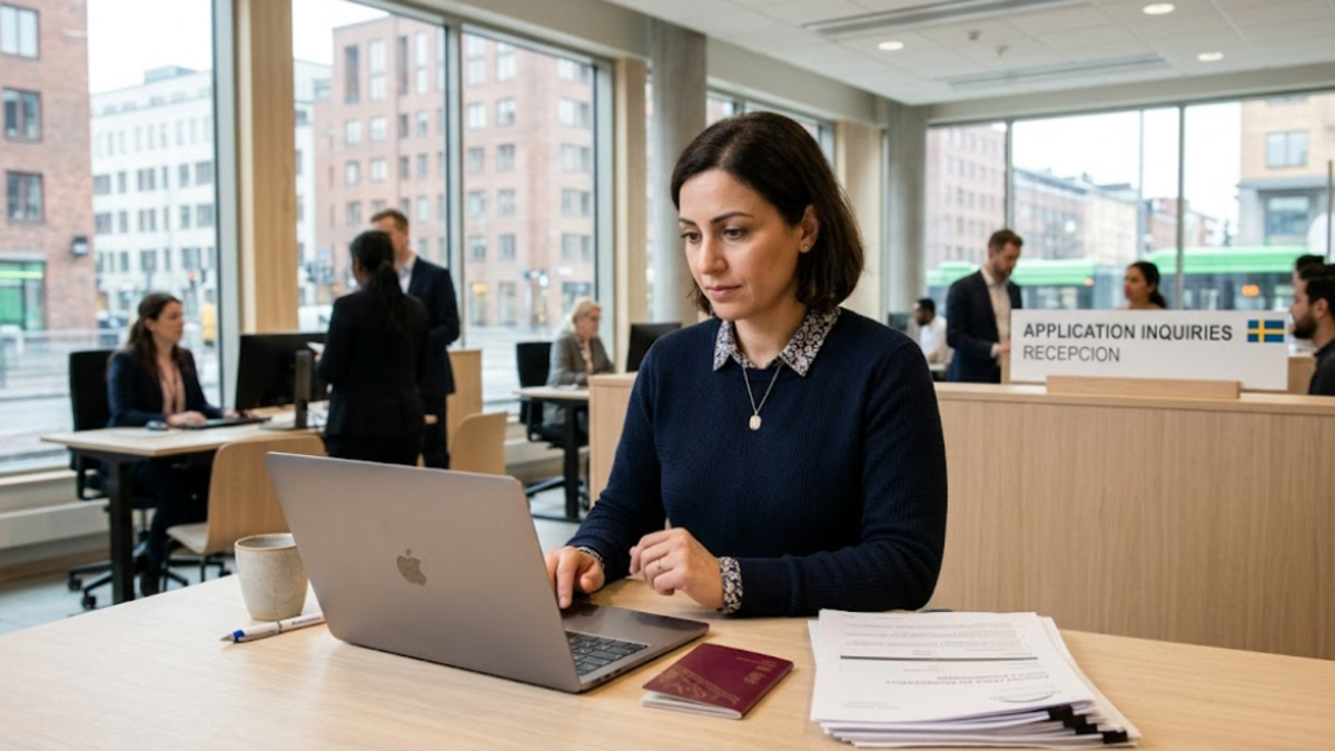 Sweden Migration Agency application status tracking on a laptop