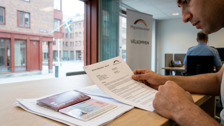 Sweden Migration Agency decision with Swedish passport and residence permit card