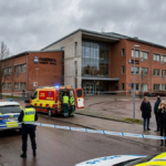 Police outside Brinell High School in Fagersta after a sword attack