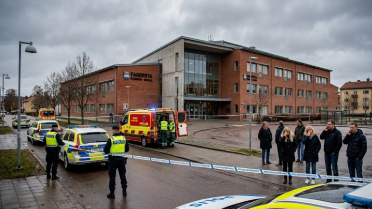 Police outside Brinell High School in Fagersta after a sword attack