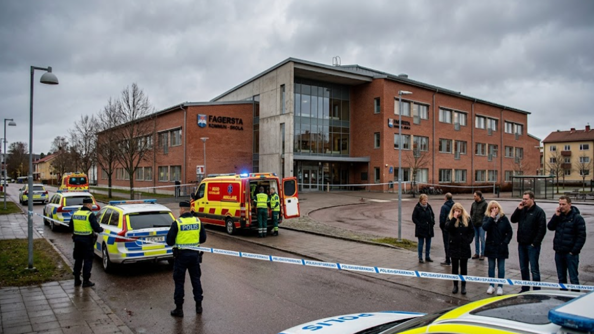 Police outside Brinell High School in Fagersta after a sword attack