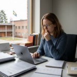University student in Sweden reviewing academic documents and laptop for a residence permit extension