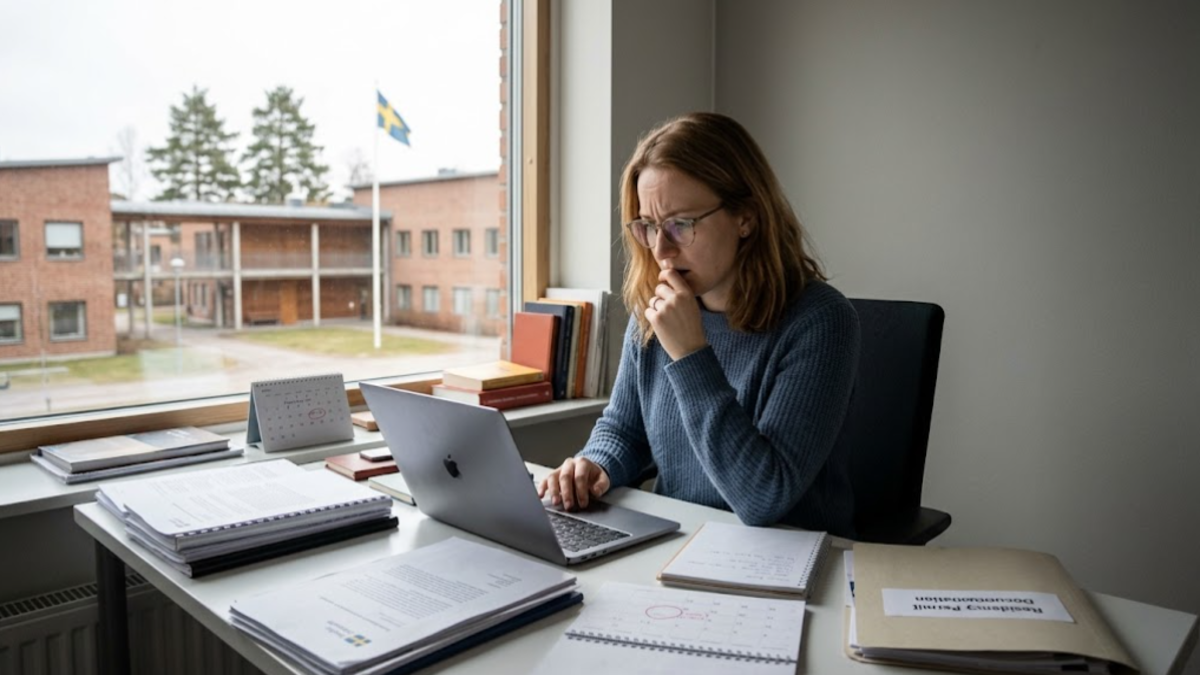University student in Sweden reviewing academic documents and laptop for a residence permit extension