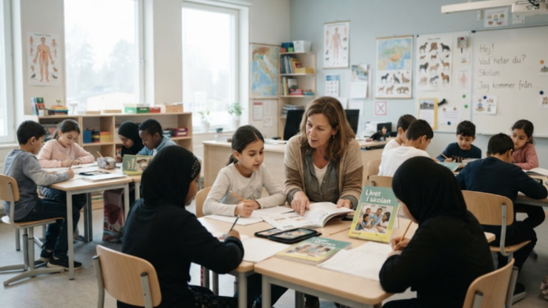 Immigrant children receiving language support in a Swedish classroom