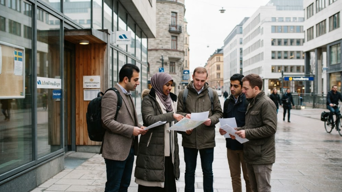 Foreign workers in Sweden discussing employment and unemployment benefits