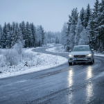 Black ice covering a winter road in Sweden as a car approaches cautiously.