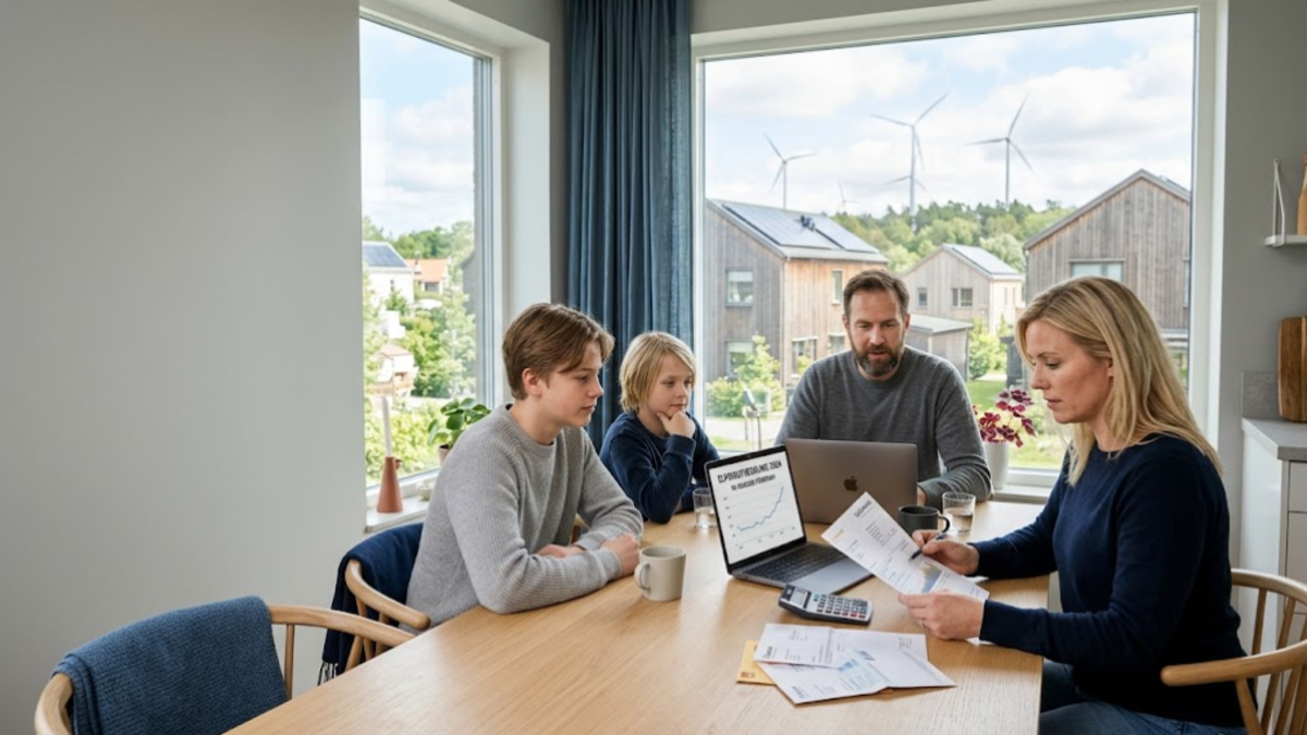 Swedish family reviewing an electricity bill at home, illustrating EU electricity rules and household energy costs.