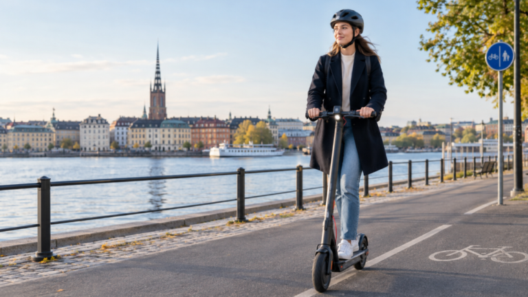Woman wearing a helmet riding an electric scooter on a marked cycle path in a Swedish city.
