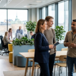 Diverse jobseekers and professionals in a Swedish workplace, illustrating employment growth in Sweden.