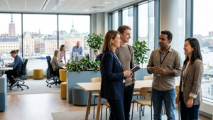 Diverse jobseekers and professionals in a Swedish workplace, illustrating employment growth in Sweden.