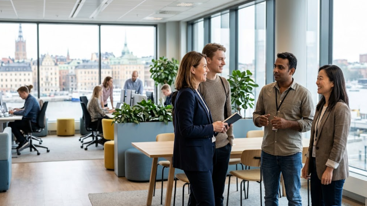 Diverse jobseekers and professionals in a Swedish workplace, illustrating employment growth in Sweden.